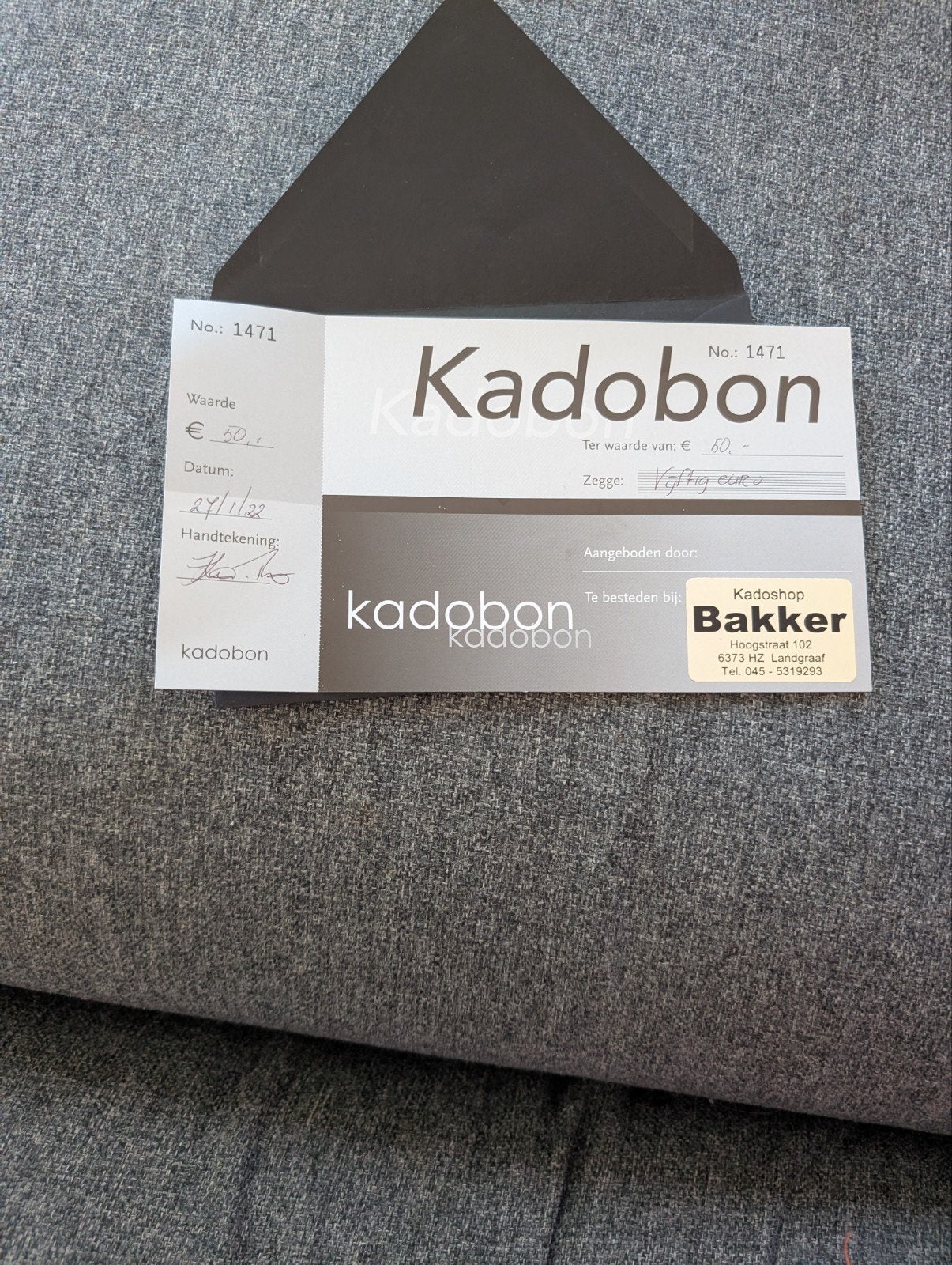 cadeaubon €50 kadoshop bakker Landgraaf, Tickets en Kaartjes, Eén persoon, Cadeaubon