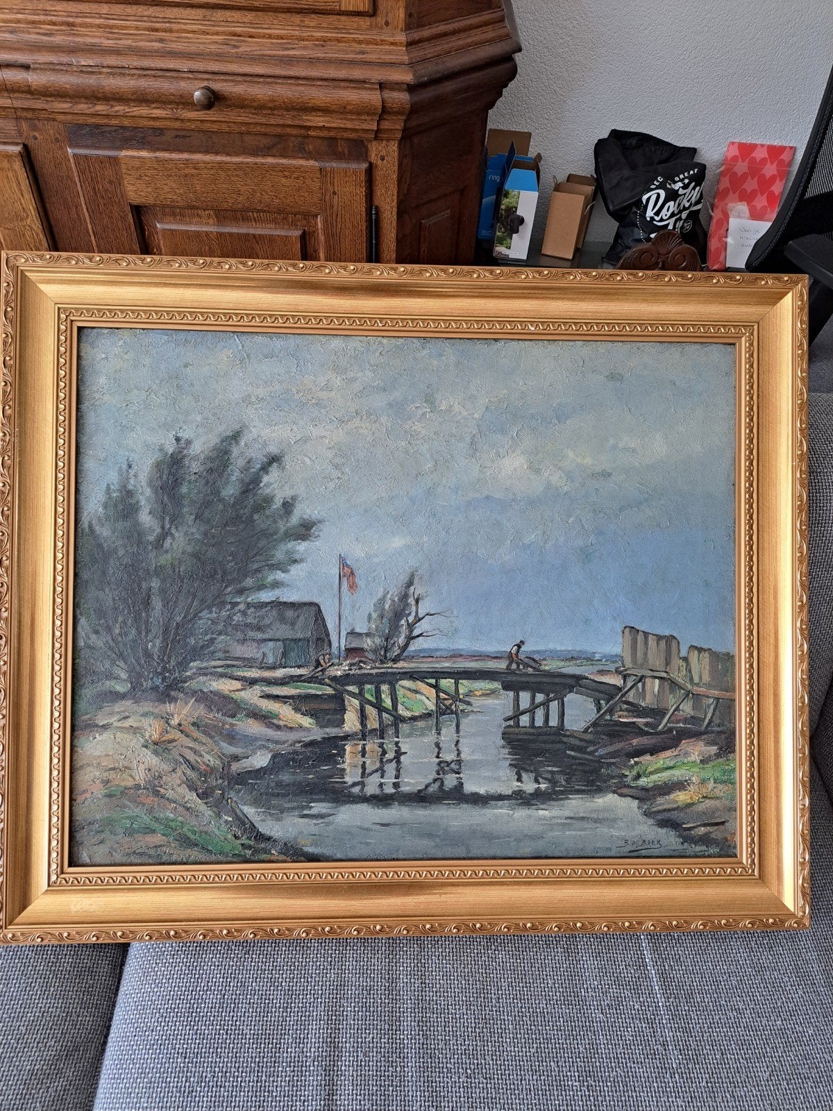 Olieverf Schilderij Noodbrug ca. 1945 - Broer de Boer, Doek, Ophalen of Verzenden, Olieverf, Gesigneerd