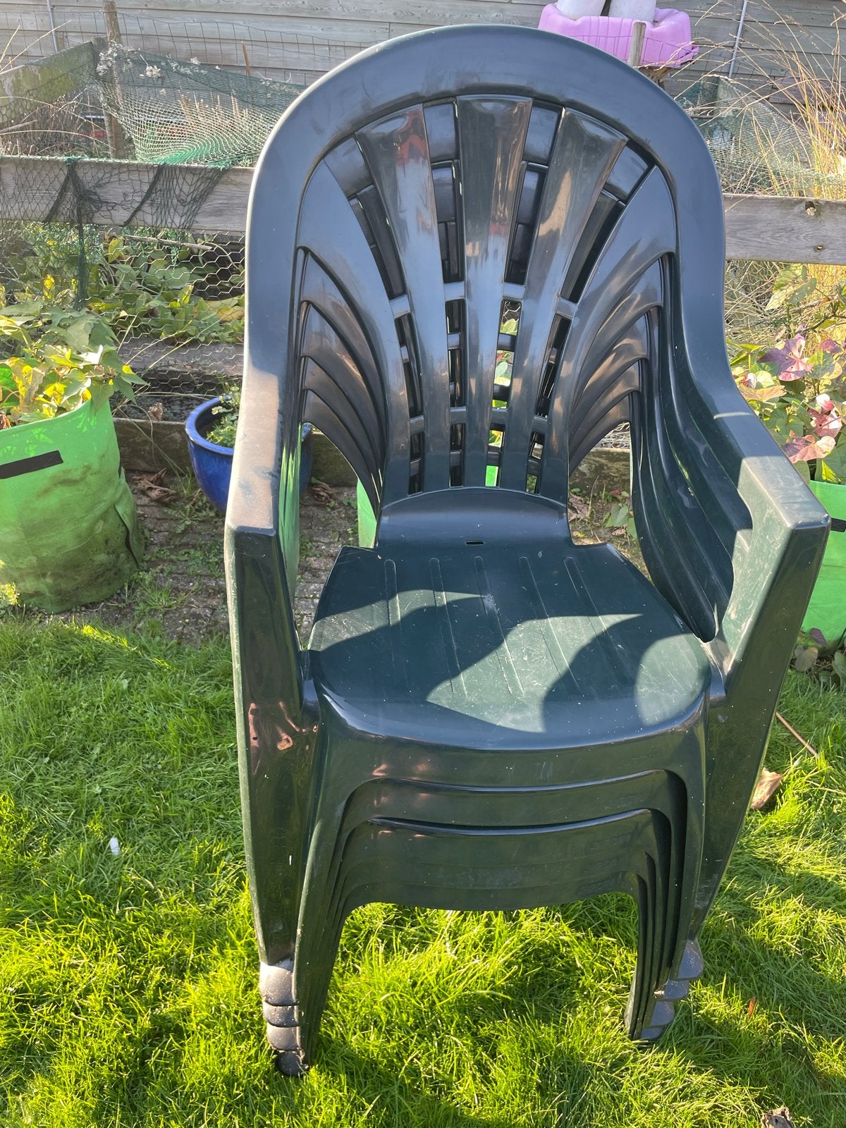 5 Jardin tuinstoelen groen plastic hoge rugleuning, Tuin en Terras, Ophalen, Gebruikt, Plastic, Stapelbaar