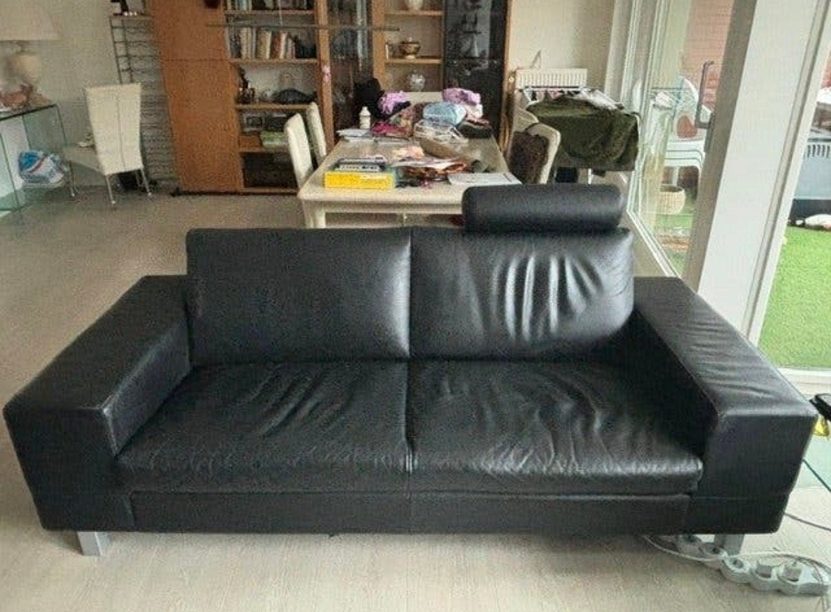 Zwarte leren bank en love seat - Leolux Antipode, Ophalen, Gebruikt, Tweepersoons, Rechte bank