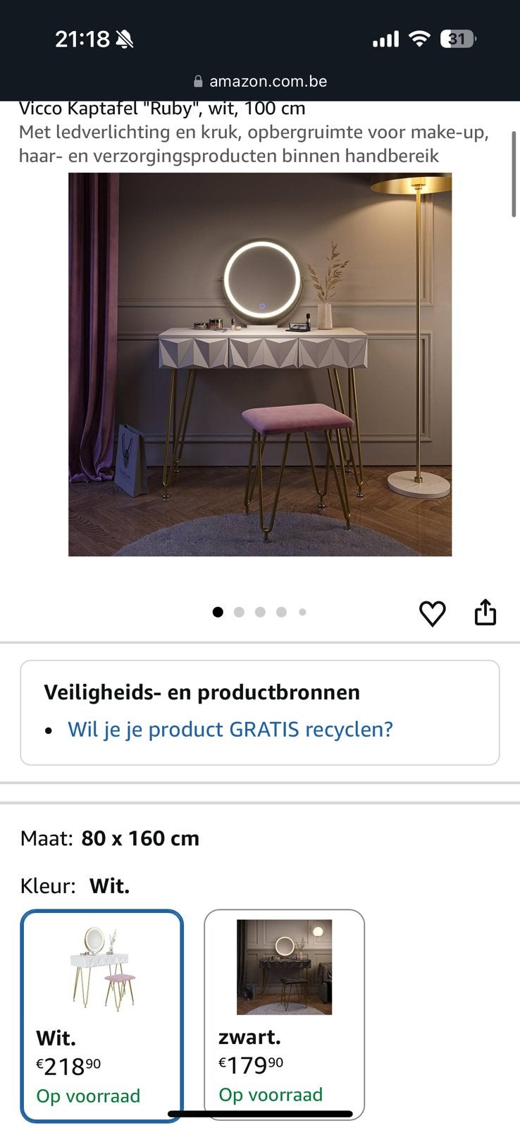 Vicco Ruby Kaptafel Wit met LED verlichting en kruk, Ophalen, Nieuw, Hout