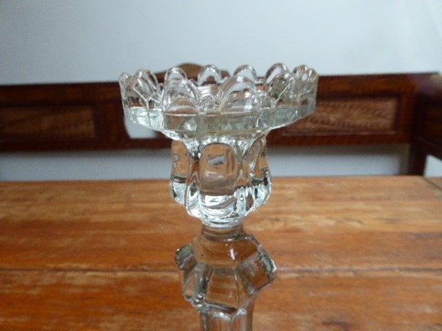 2 art deco robuuste persglazen kandelaars, Antiek en Kunst, Antiek | Kandelaars, Ophalen of Verzenden, Glas