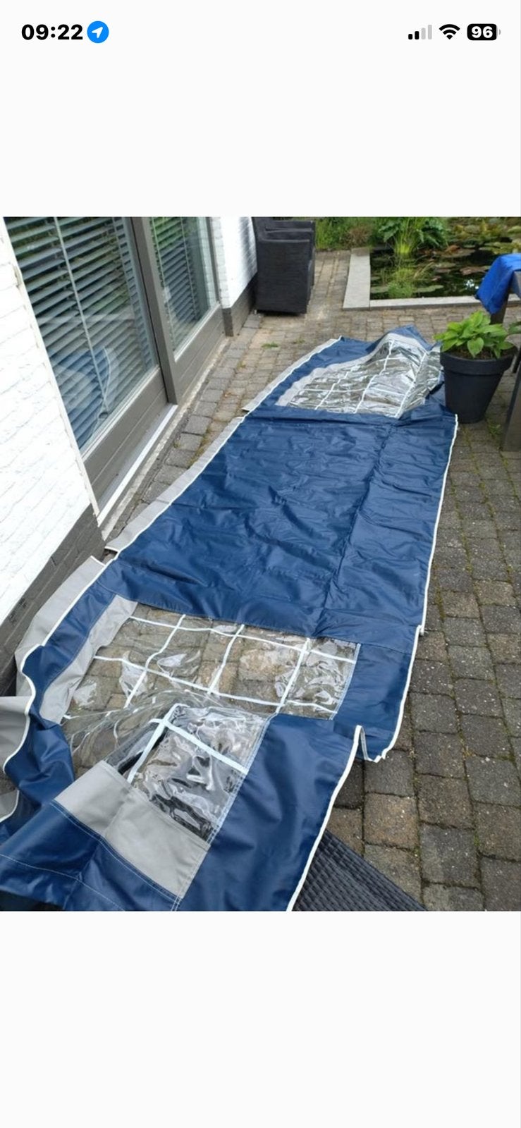 Windscherm 5 meter blauw grijs, Caravans en Kamperen, Ophalen, Gebruikt