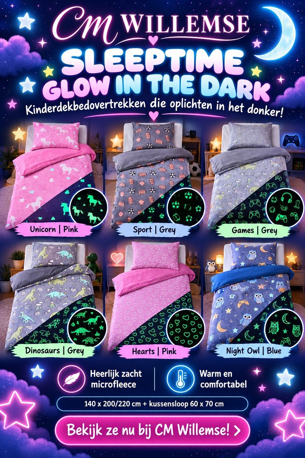 SleepTime Glow in the Dark Dekbedovertrek - Diverse Designs, Eenpersoons, Meerkleurig, Dekbedovertrek, Nieuw