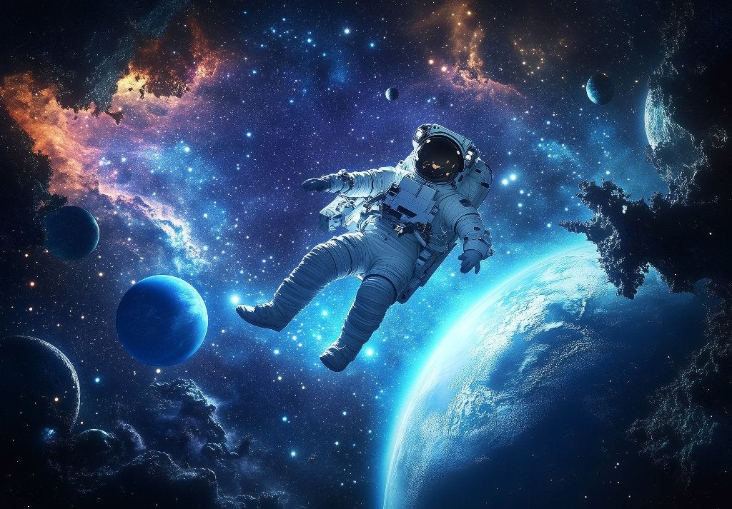 Astronaut fotobehang in de Ruimte met Planeten, Verzenden, Fotobehang