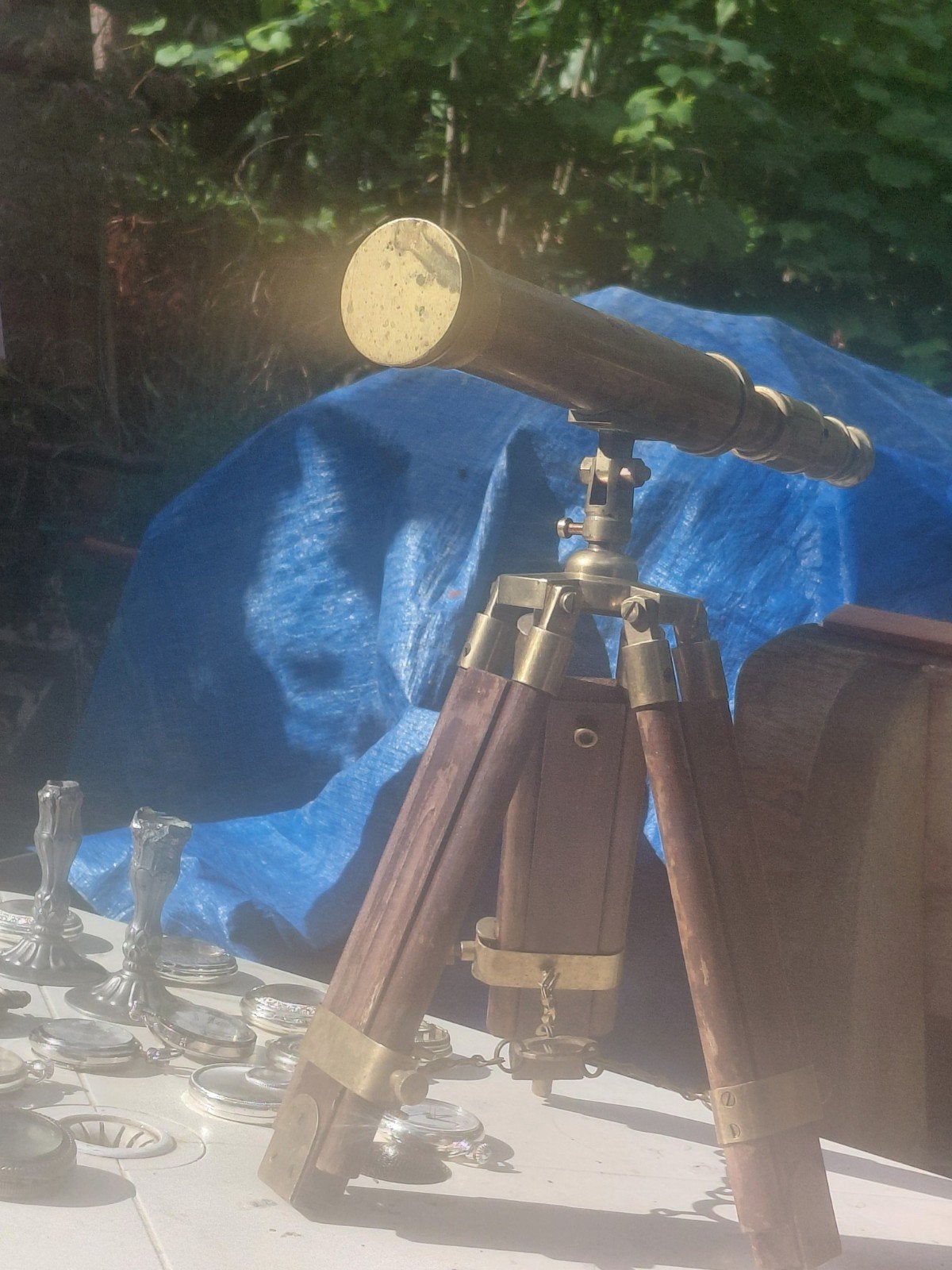 Antieke Messing Telescoop met Houten Statief, Audio, Tv en Foto, Optische apparatuur | Telescopen, Gebruikt, Lenzentelescoop (refractor)