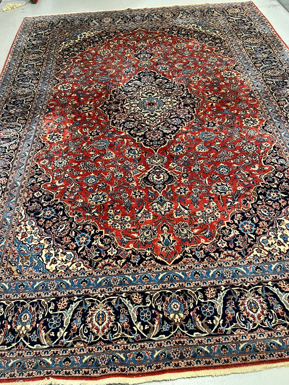 Perzisch tapijt handgemaakt kashan 340x247,, Ophalen, Gebruikt, Blauw, 200 cm of meer