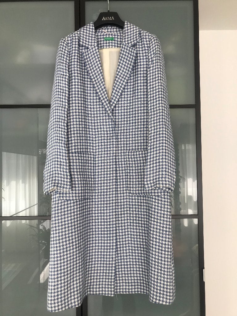Benetton blauw wit Pied-de-poule lichte mantel maat 38, Kleding | Dames, Maat 38/40 (M), Blauw, Benetton, Nieuw