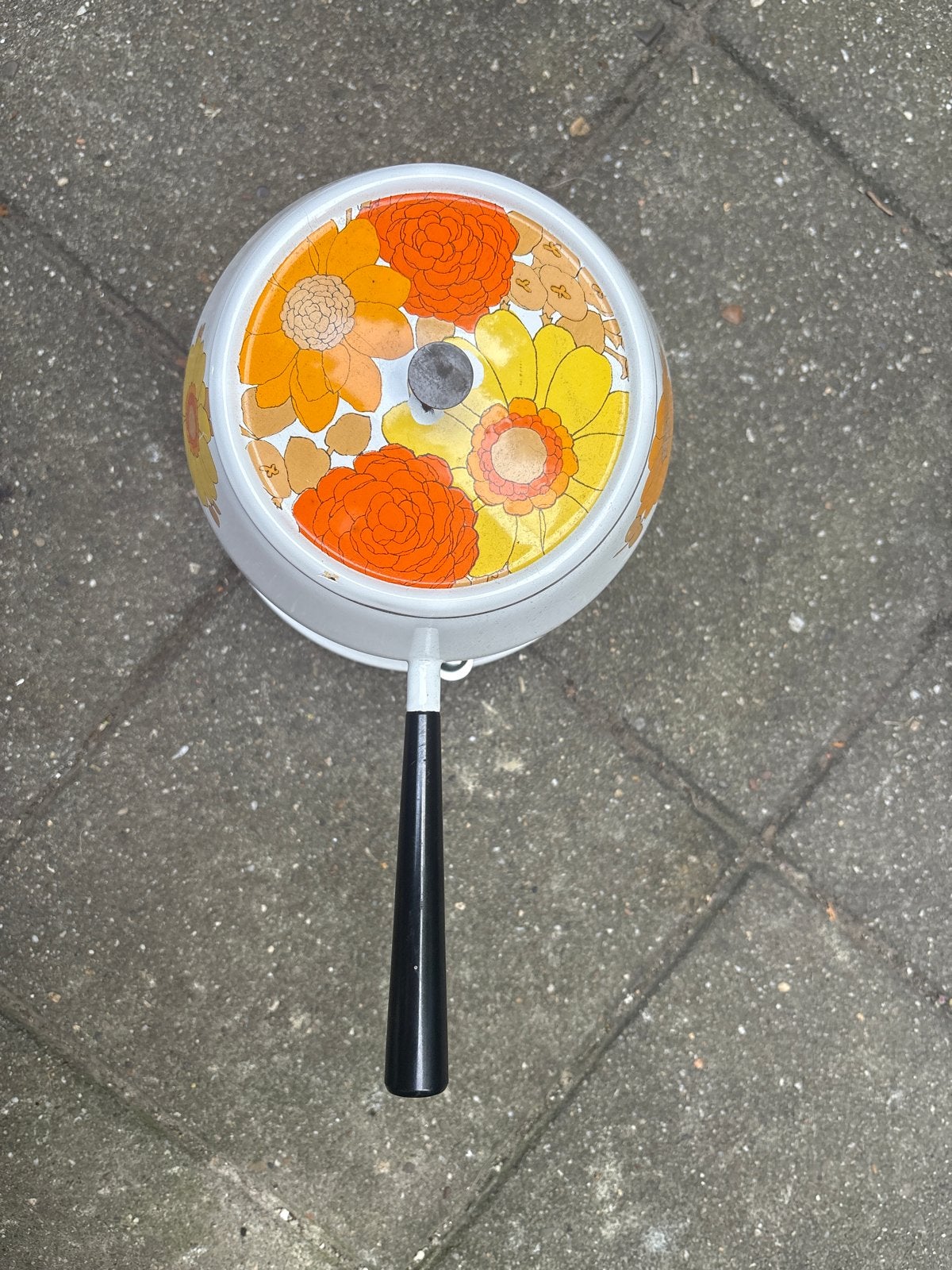 Vintage Fonduepan met Bloemenprint - Jaren '70 Stijl, Ophalen of Verzenden, Gebruikt, Overige materialen