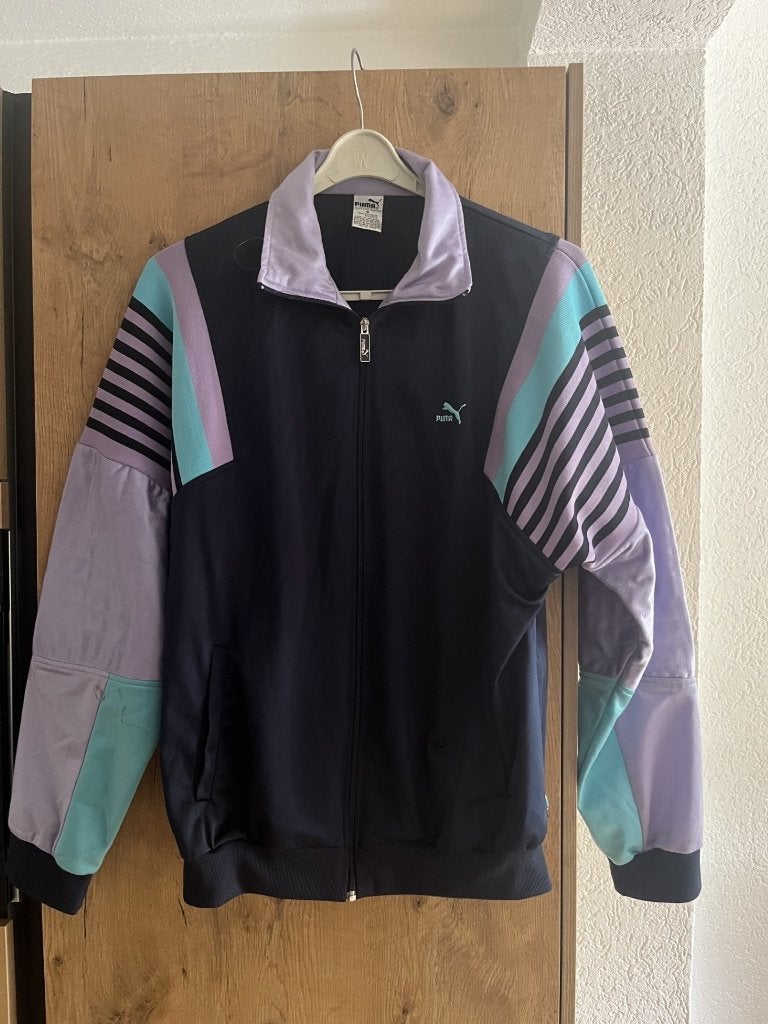 Puma trainingsjas VINTAGE L/XL blauw lila groen jaren 80/90, Voetbal, Gedragen, Puma, Maat 52/54 (L)