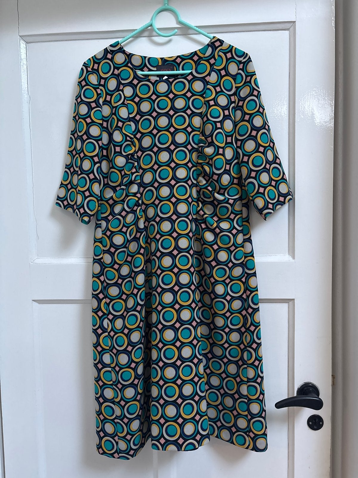 Kleurrijke jurk Avoca met retro vintage grafisch patroon, Maat 38/40 (M), Meerkleurig, Ophalen of Verzenden, Knielengte