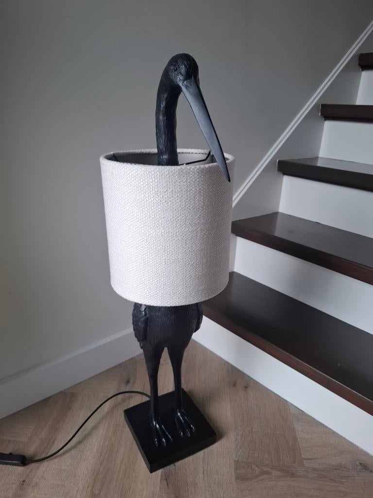 Zwarte tafellamp kraanvogel met Linnen Kap, Huis en Inrichting, Stof, 100 tot 150 cm, Modern, Eclectisch, Dieren, Ophalen of Verzenden