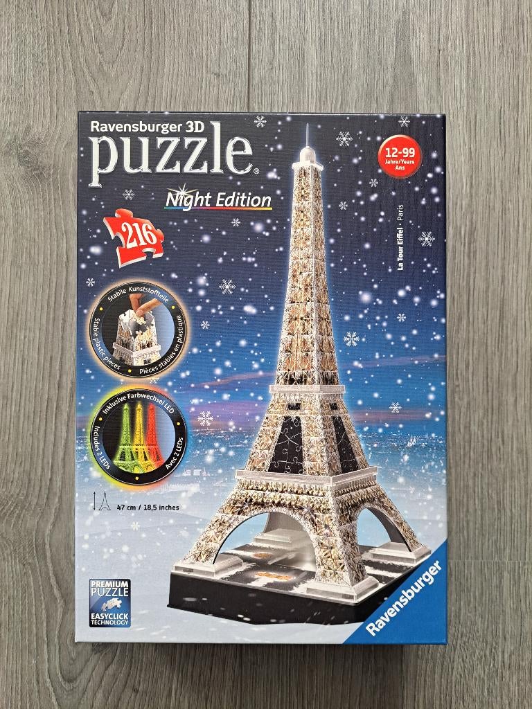 Ravensburger 3d puzzel Eiffeltoren - Night edition, Ophalen of Verzenden, Minder dan 500 stukjes, Zo goed als nieuw, Rubik's of 3D-puzzel