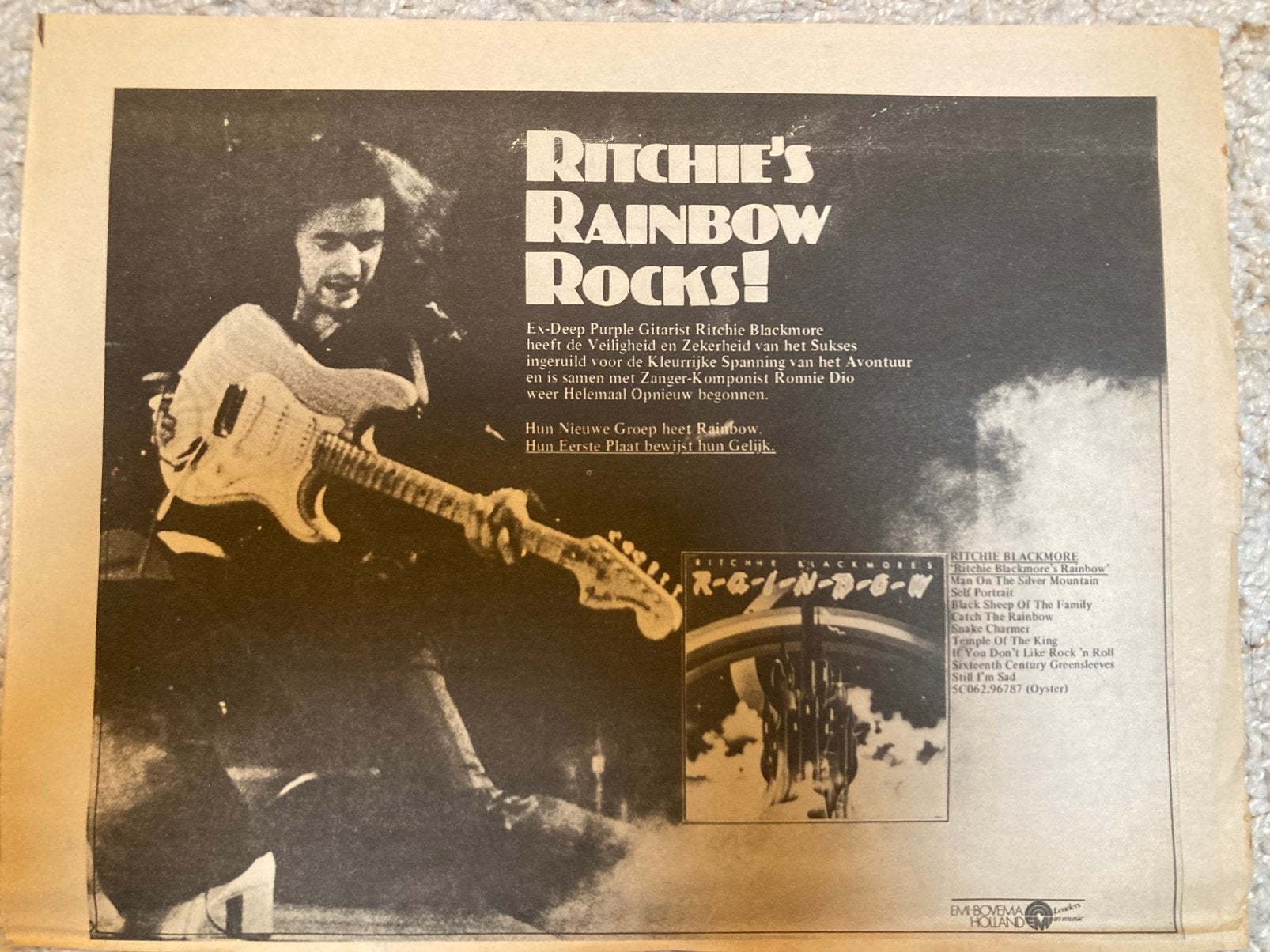 Paginagrote A4 advertentie RITCHIE BLACKMORE RAINBOW release, Ophalen of Verzenden, Zo goed als nieuw
