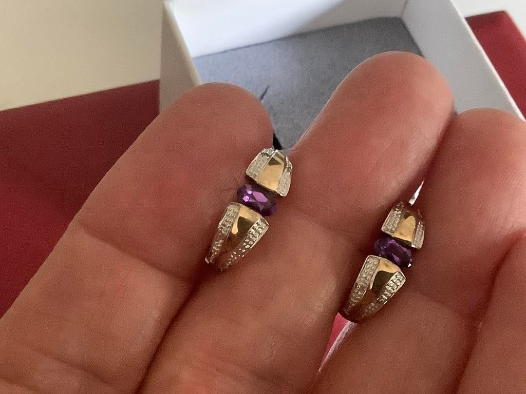 Vintage gouden oorbellen creolen Edelsteen Amethist Briljant, Verzenden, Zo goed als nieuw, Met edelsteen, Knopjes of Stekers