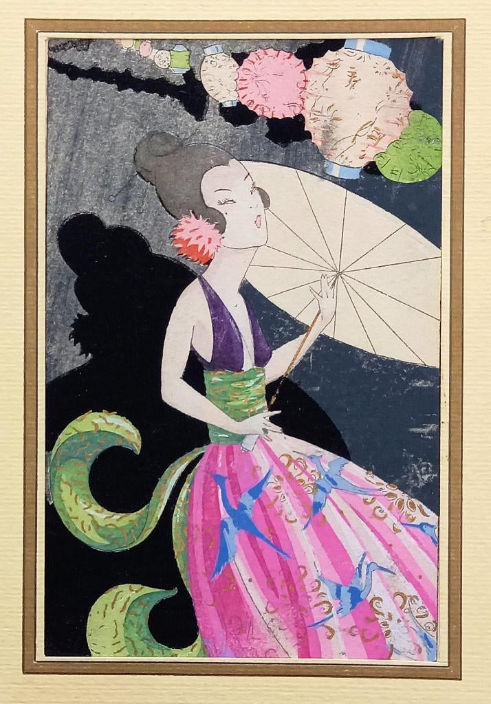Art deco prent pochoir gekleurd Japanse dame met parasol, Ophalen of Verzenden, Handgekleurd