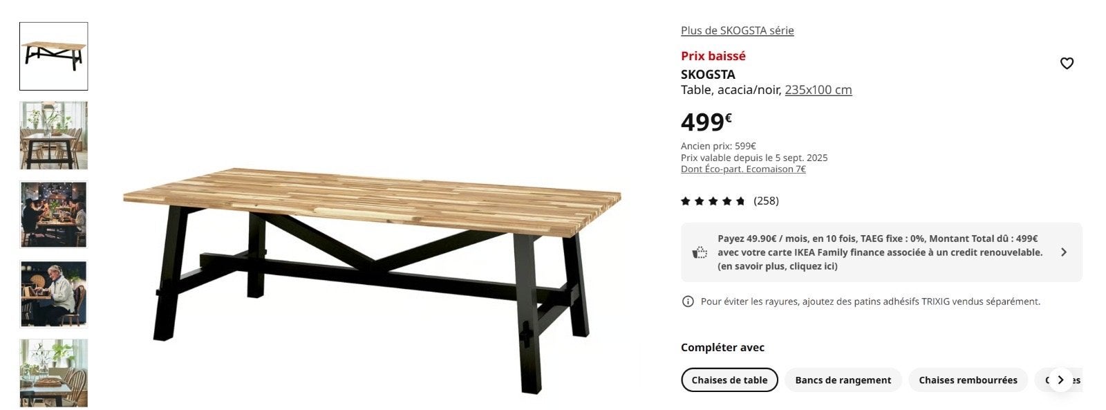 IKEA SKOGSTA eettafel, acacia, 235x100 cm, Ophalen, 200 cm of meer, 50 tot 100 cm, Zo goed als nieuw