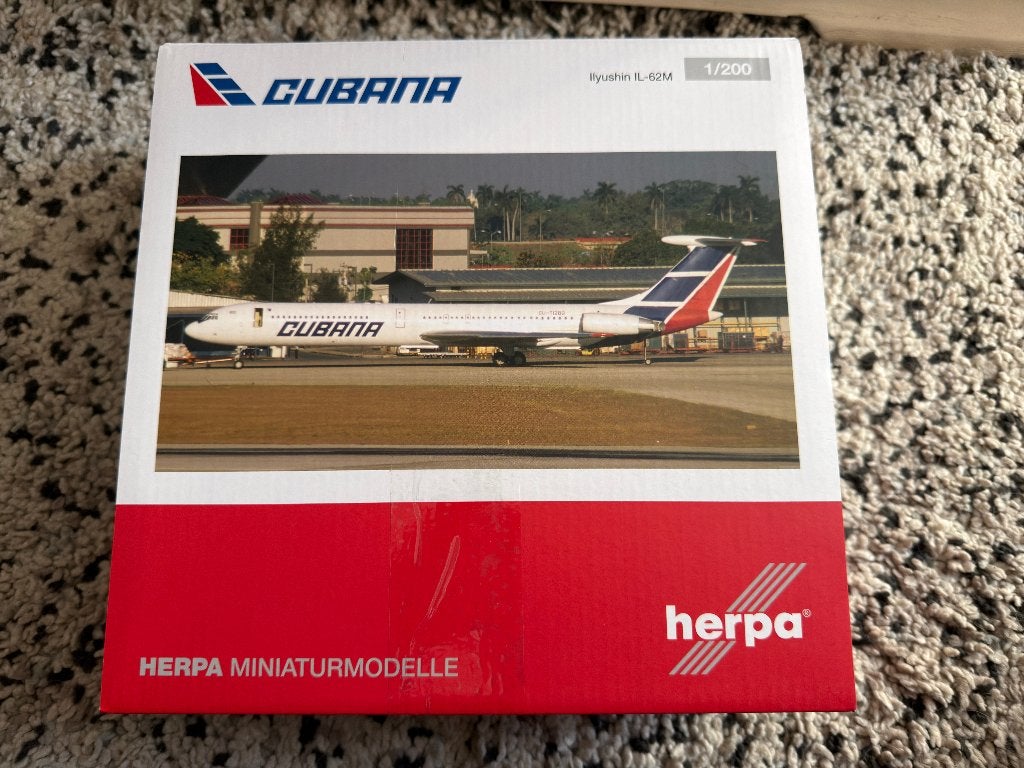 Herpa 573405 Cubana IL-62M Diecast, 1:200 of kleiner, Nieuw, Vliegtuig, Ophalen
