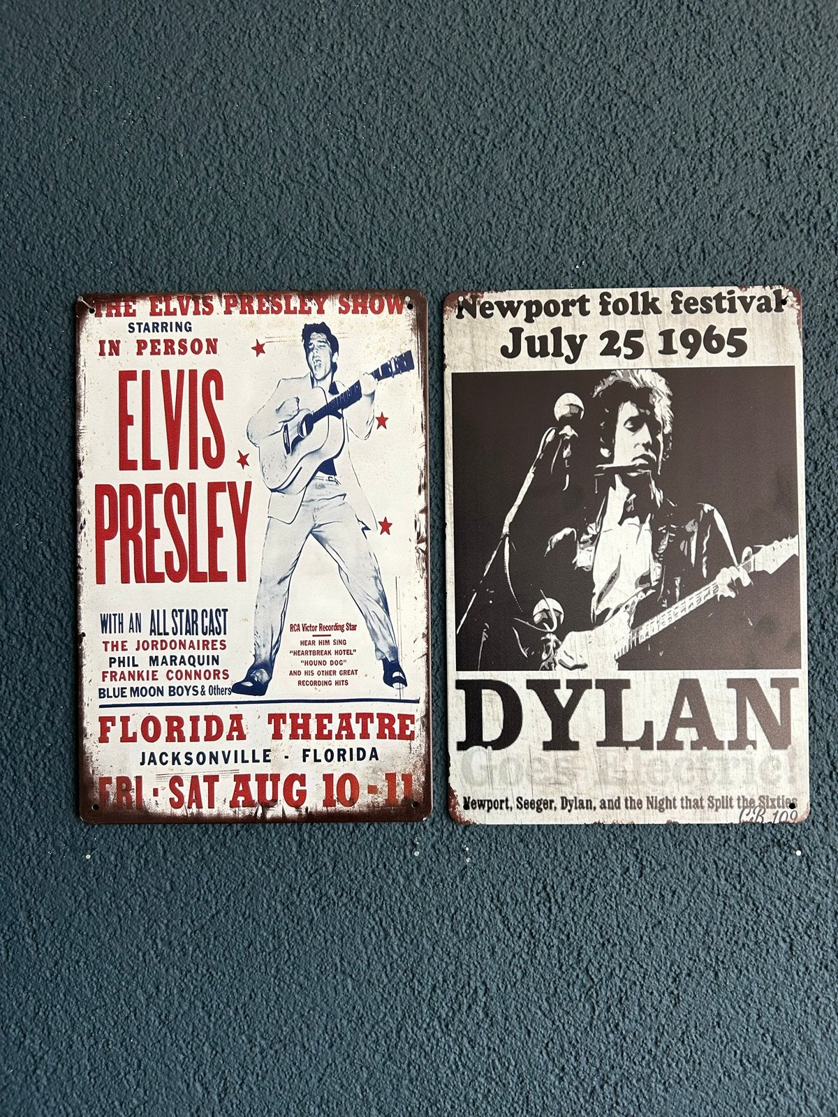 Metalen borden Elvis Presley & Bob Dylan 20x30 cm, Metaal, Gebruikt, Vintage, Ophalen of Verzenden
