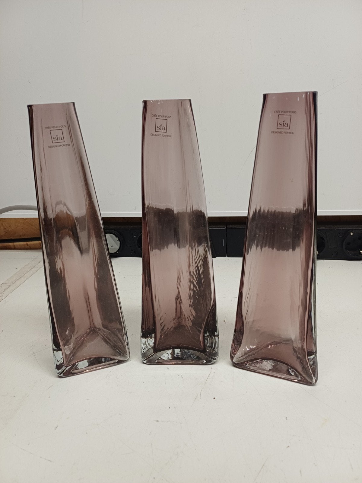 3x Sia orchidee vazen van paars glas, 26cm hoog, Ophalen of Verzenden, Gebruikt, Paars, Glas