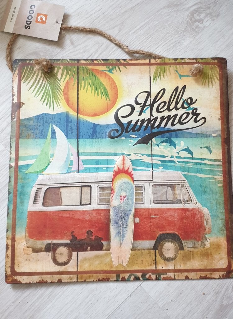 plaat metaal bus vw volkswagen surf rood hello summer, Ophalen of Verzenden