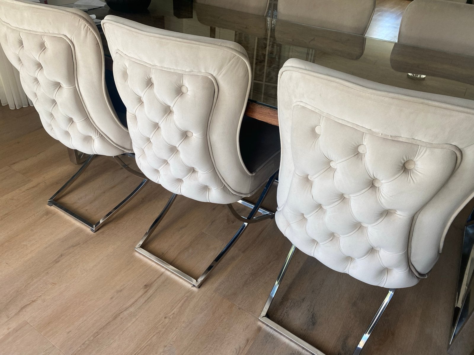 6 luxe eetkamerstoelen - beige stof met chromen onderstel, Huis en Inrichting, Ophalen, Gebruikt, Overige kleuren, Stof