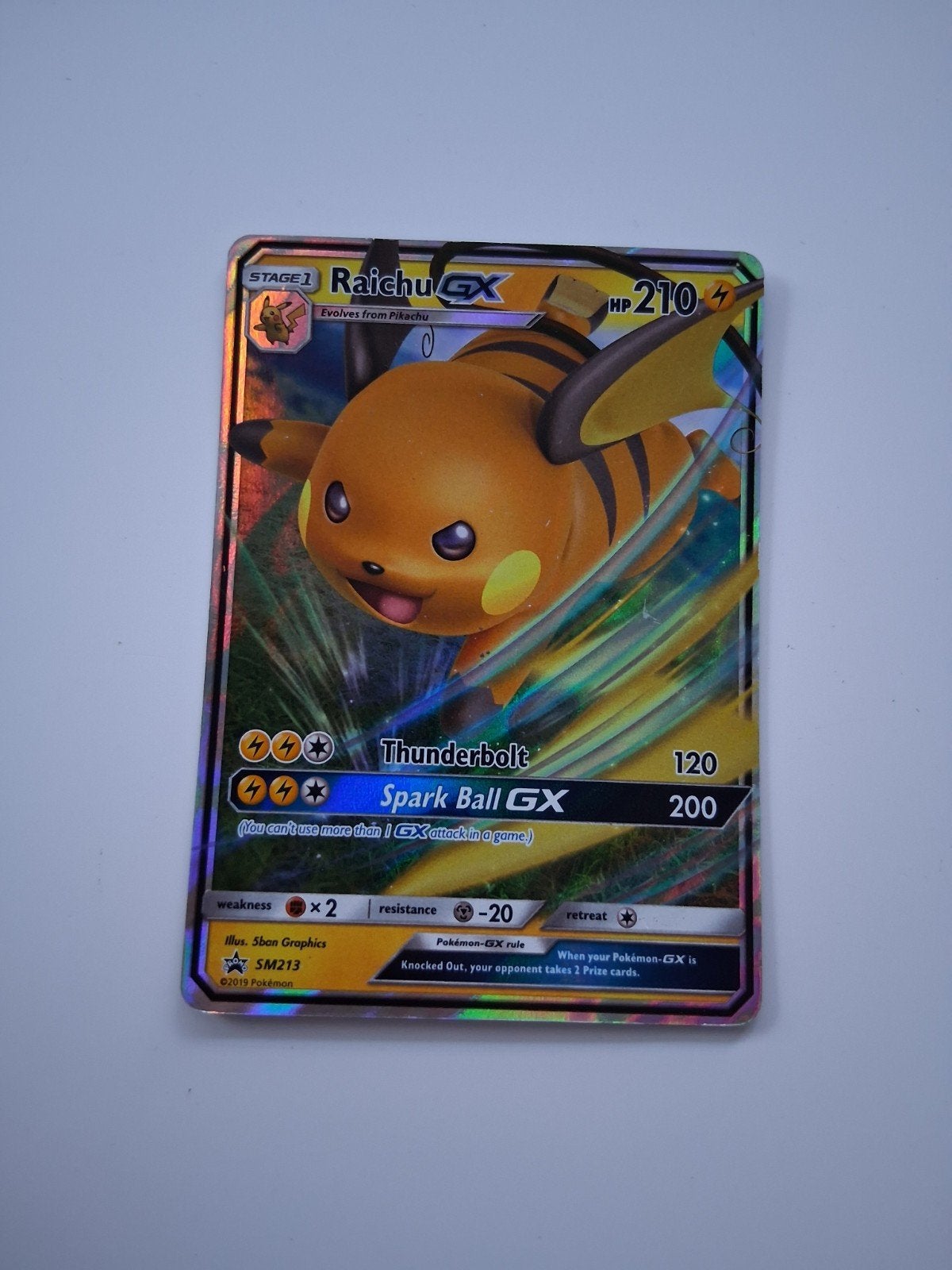 Raichu GX SM213 Pokémon Kaart - Zo goed als nieuw, Ophalen of Verzenden, Zo goed als nieuw, Losse kaart, Foil