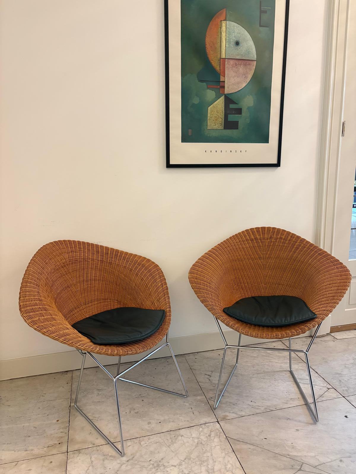Vintage rotan en rvs lounge stoelen Bertoia model, Twee, Overige kleuren, Ophalen of Verzenden, Zo goed als nieuw