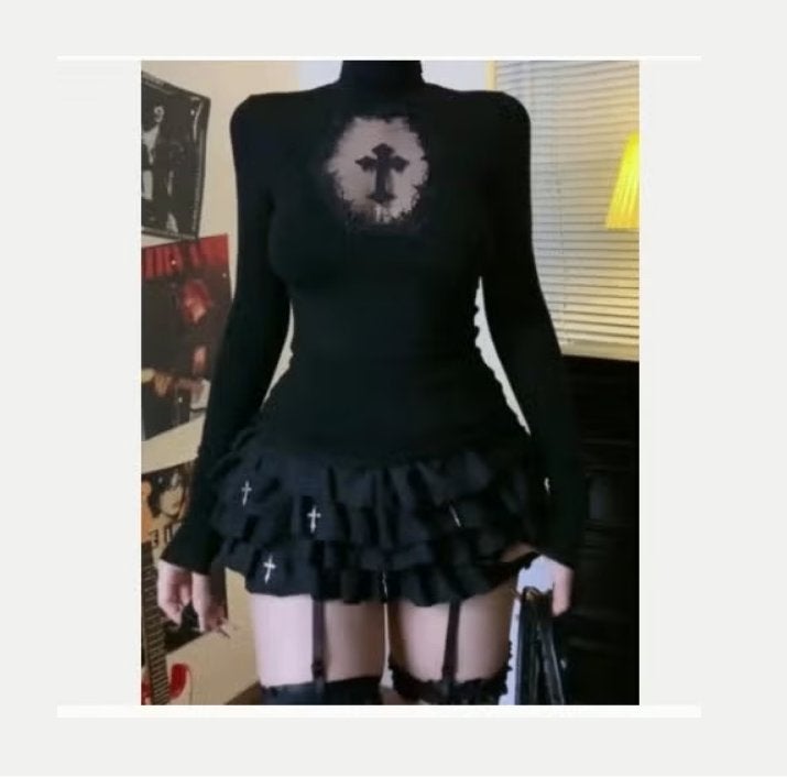 Prachtige zwarte Gothic top / shirt met kruis, Ophalen of Verzenden, Nieuw, Zwart, Lange mouw