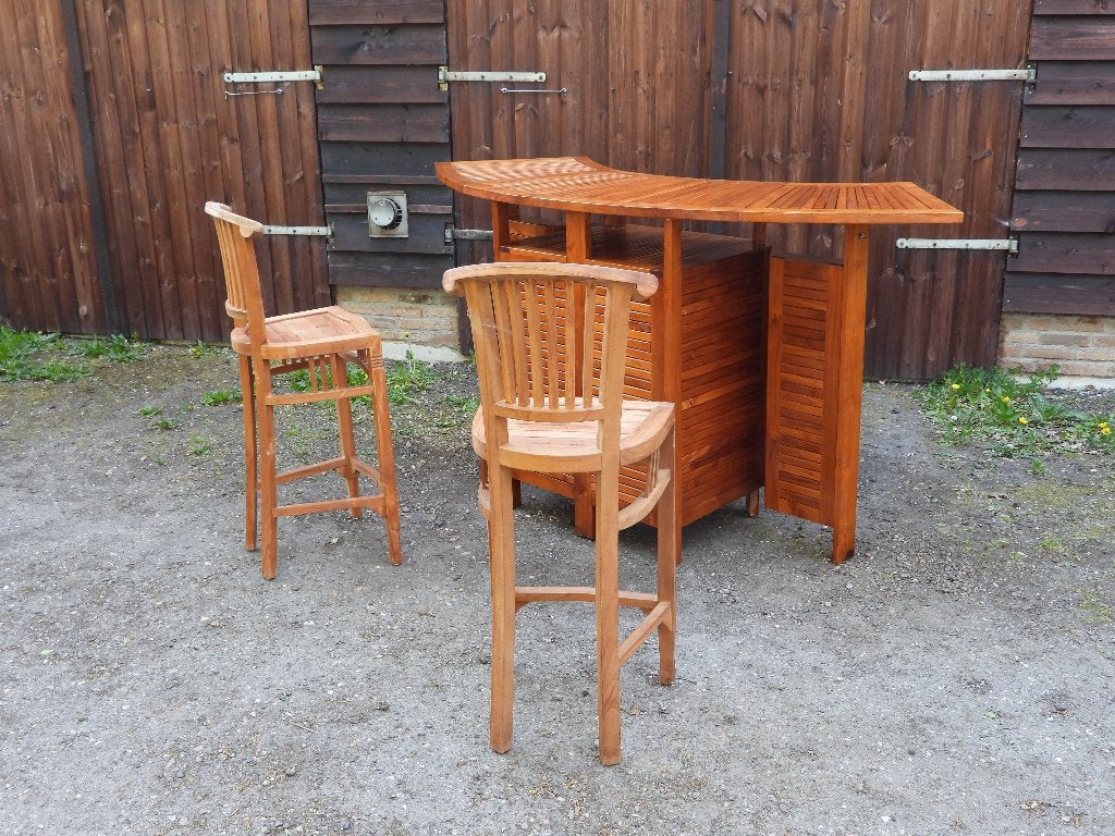 Nieuwe, nooit gebruikte teakhouten bar met twee bar stoelen, Ophalen, Nieuw, Inclusief barstoelen