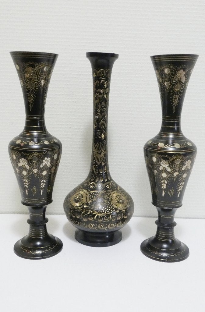 Vintage Indiase Vazen set – Zwart & Goud Messing [2092], Antiek en Kunst, Ophalen of Verzenden