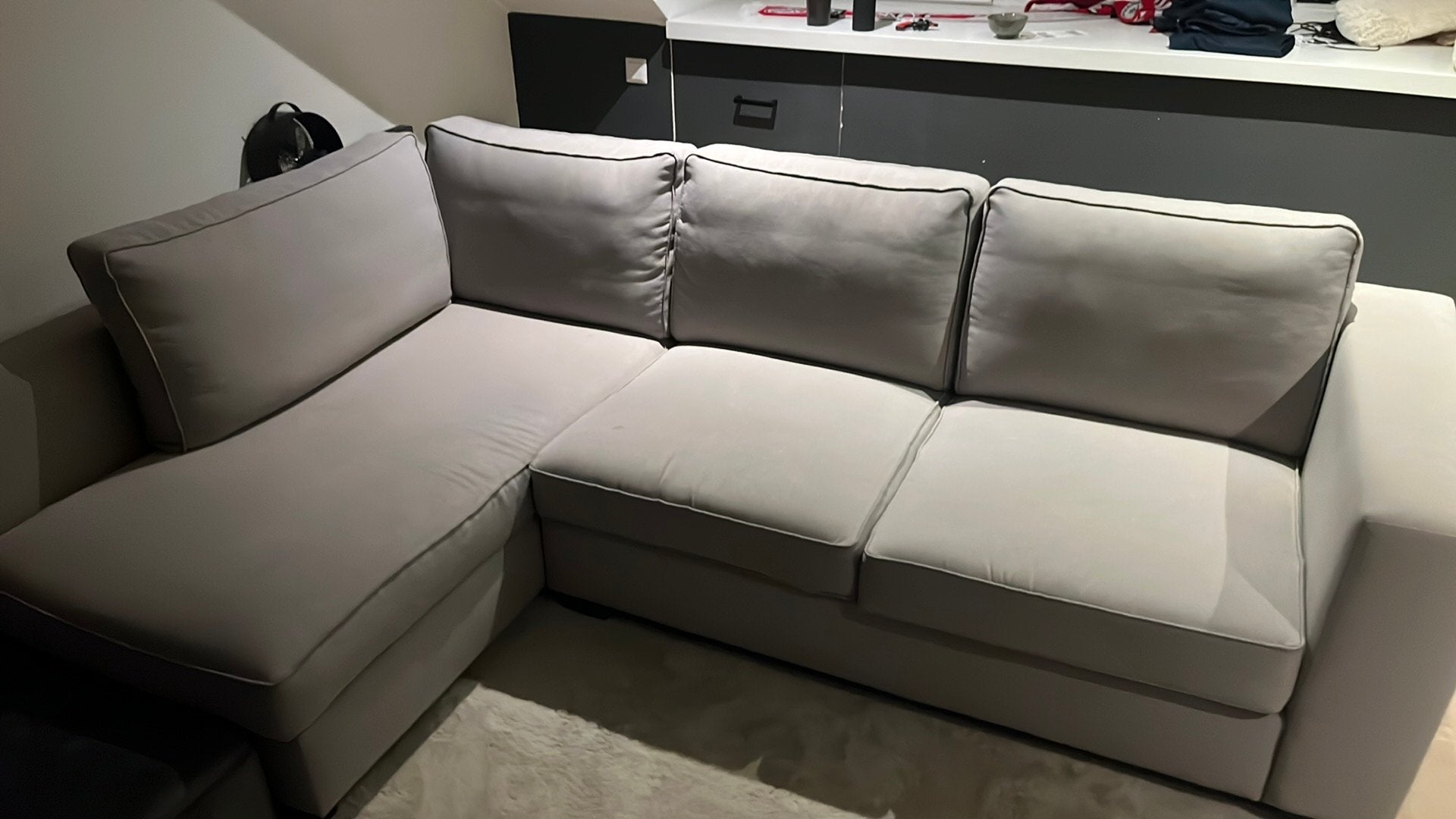grijze hoekbank 2,70 x 2,00 x 0,85, Huis en Inrichting, Banken | Complete zithoeken, Ophalen, Gebruikt