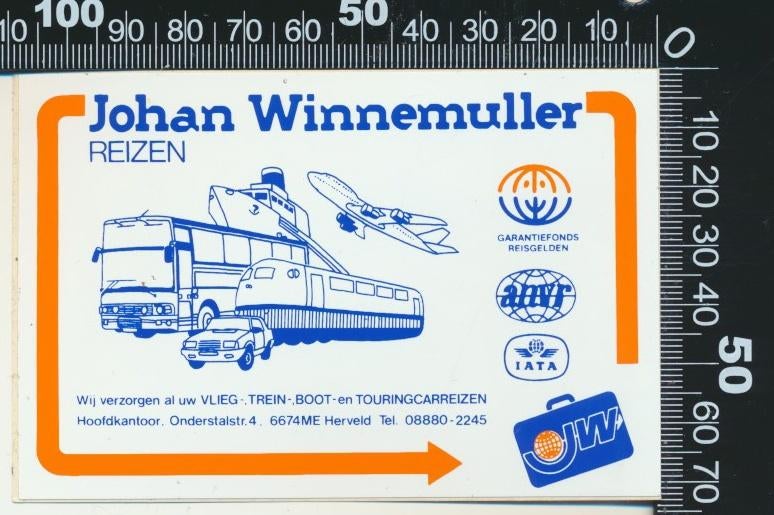 Sticker: Johan Winnemuller - Vlieg Trein Boot en Touringcar, Verzamelen, Ophalen of Verzenden, Zo goed als nieuw, Bedrijf of Vereniging