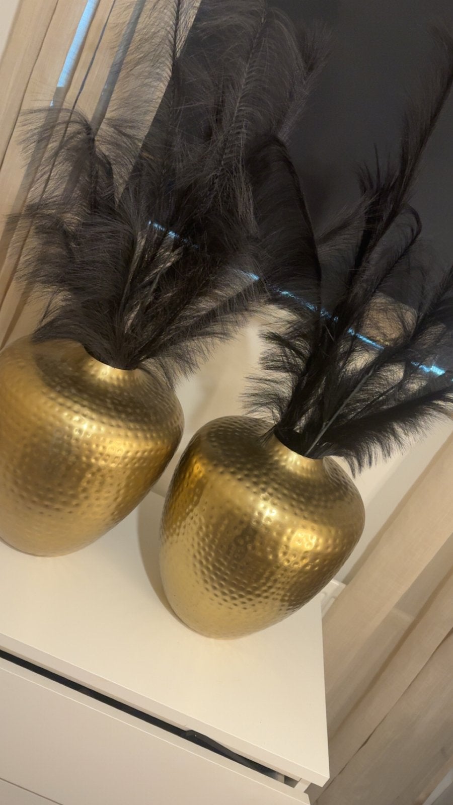 Gouden vazen met zwarte pluimen - Set van 2, Ophalen, Inclusief decoratie, Zo goed als nieuw, Metaal