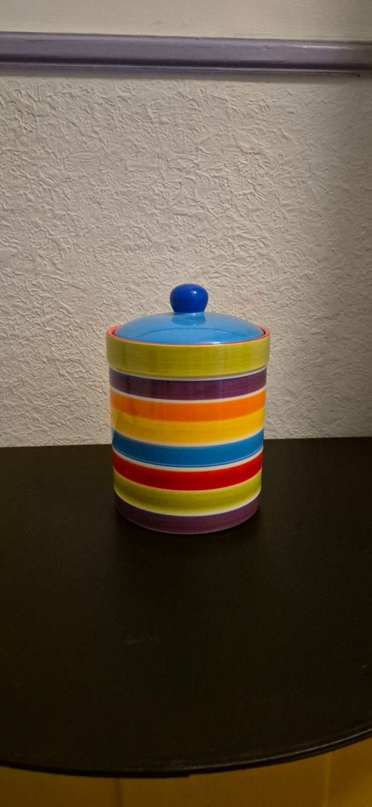 Kleurrijke Rainbow voorraadpot met deksel, Ophalen of Verzenden, Zo goed als nieuw, Voorraadpot, Steen/keramiek