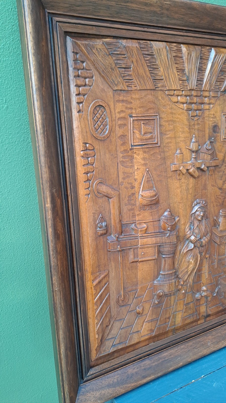 Antiek Houten Wandpaneel: Hollands Interieur Tafereel, Ophalen, 50 - 100 cm, Handgemaakt, Wanddecoratie