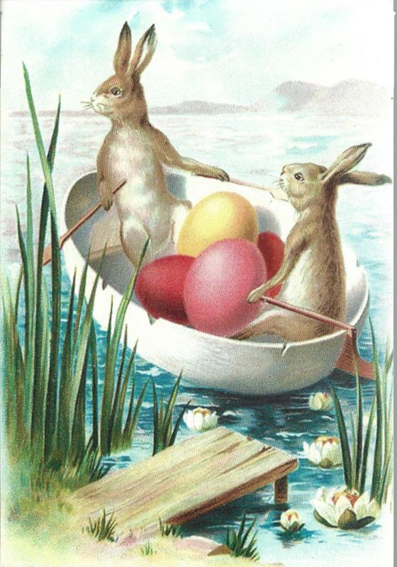 Pasen prentbriefkaart: Paashazen in de boot {33}, Verzenden, 1980 tot heden, Ongelopen, Feest(dag)