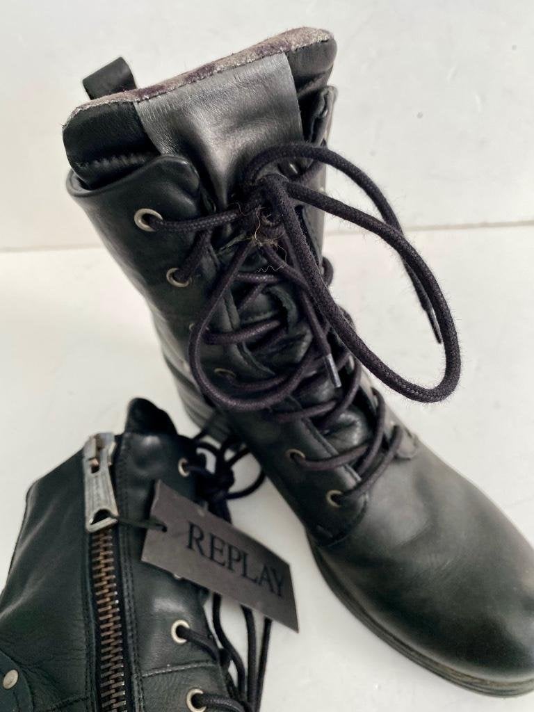 J481 Nieuw: Replay maat 38 boots lage leren laarsjes leer, Zwart, Nieuw, Replay, Ophalen of Verzenden