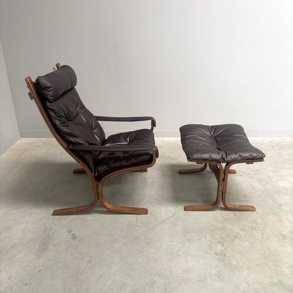 Vintage leren fauteuil hocker jaren 60 70 80 Ingmar Relling, Scandinavisch design, Gebruikt, Ophalen of Verzenden, 50 tot 75 cm