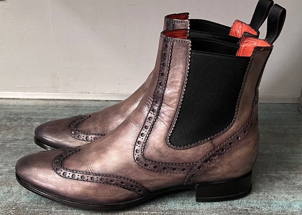 Santoni. Grijs gemêleerde leren laarsjes. Mt 38 1/2., Lage of Enkellaarzen, Ophalen of Verzenden, Zo goed als nieuw, Santoni