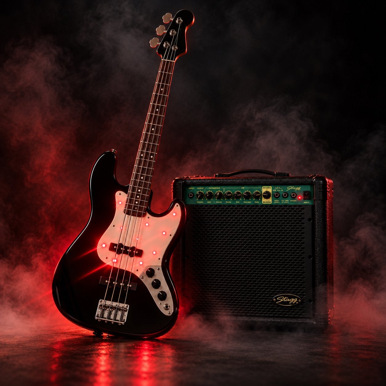 Custom Prince JBC-32 Basgitaar RED LED+ Stagg 20W Versterker, Muziek en Instrumenten, Ophalen, Fender, Gebruikt, Met versterker