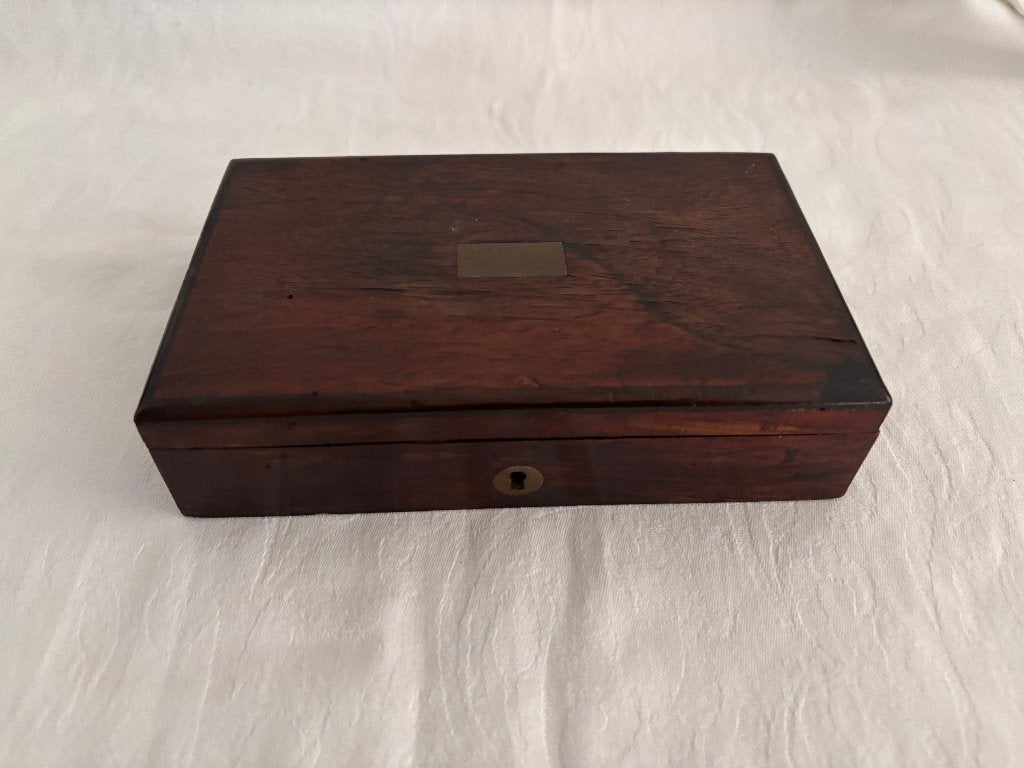 Antiek houten kistje met passerset., Ophalen of Verzenden
