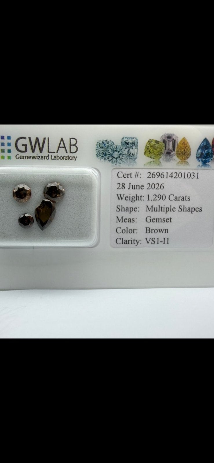 4 Natuurlijke Bruine Diamanten – 1,29 ct – GWLab Certificaat, Ophalen of Verzenden, Zo goed als nieuw, Overige materialen, Overige merken