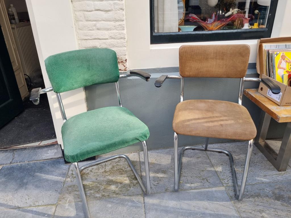 Vintage Gispen de Wit stijl stoelen ribstof groen/bruin, Huis en Inrichting, Stoelen, Ophalen