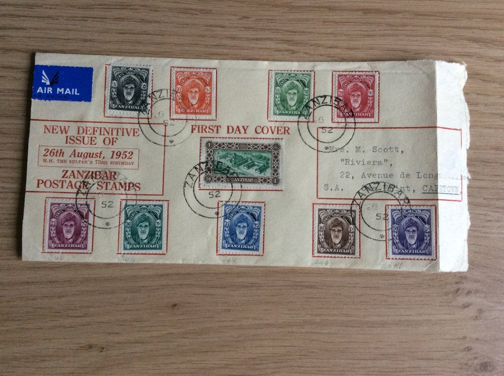 Zanzibar gelopen FDC uit 1952, Ophalen of Verzenden, Beschreven, Rest van de wereld