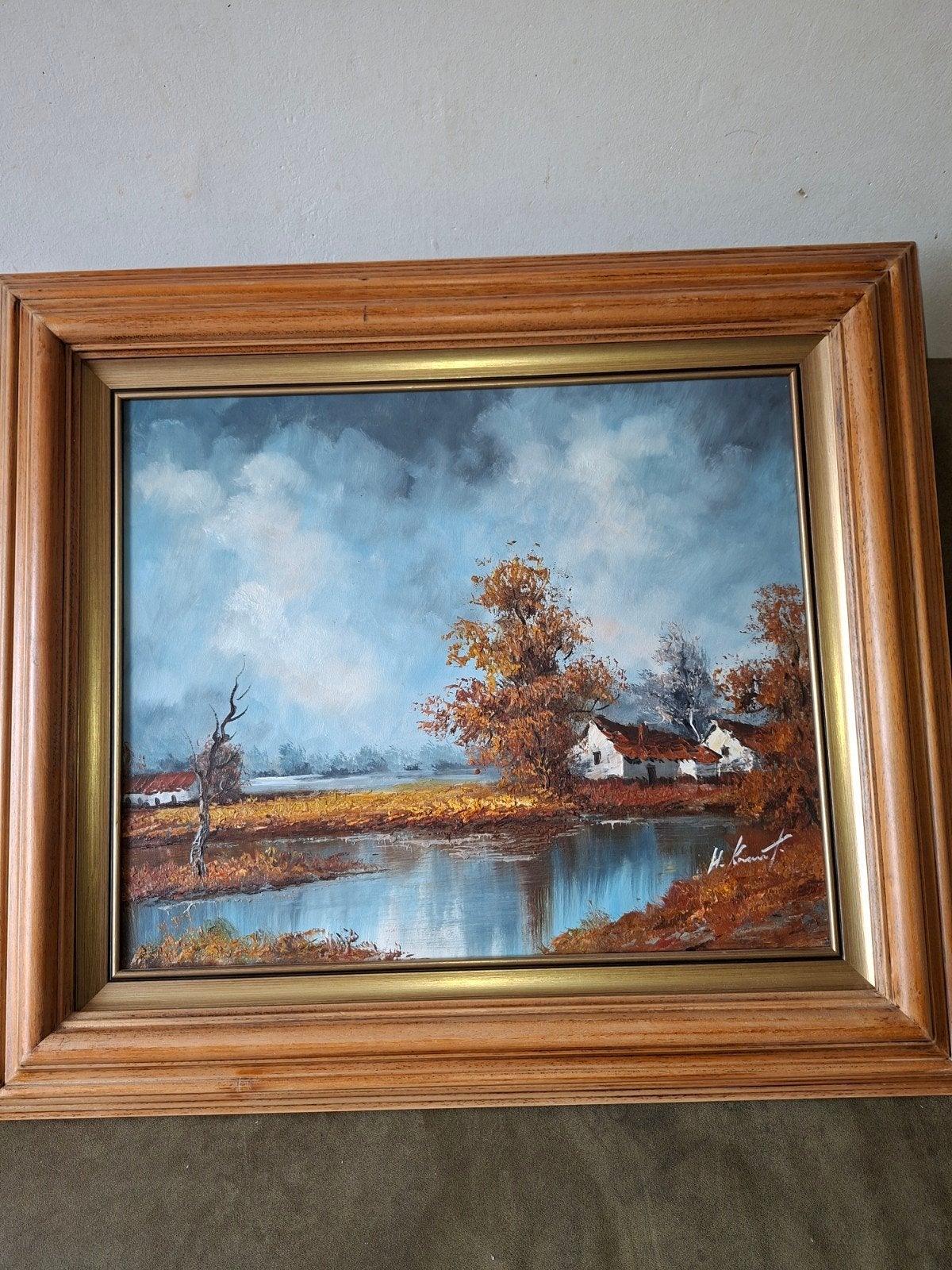 Schilderij Landschap met Huisjes en Water - Gesigneerd, Verzenden