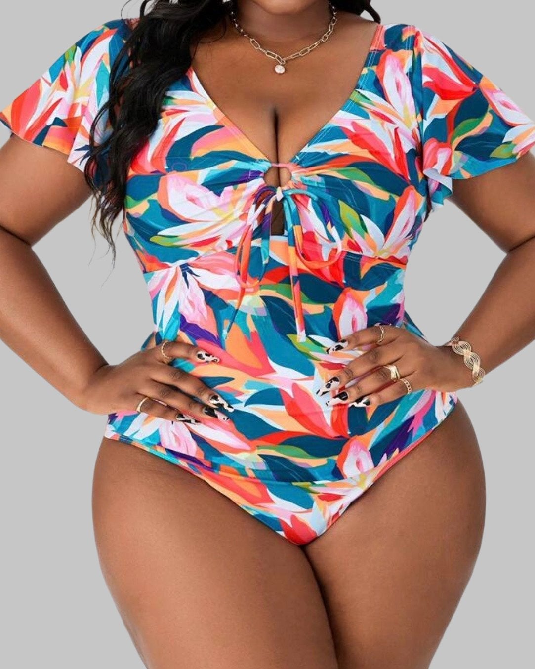 Kleurrijk Badpak met Bloemenprint (44-52), Kleding | Dames, Grote Maten, Verzenden, Nieuw, Meerkleurig, Lingerie of Zwemkleding