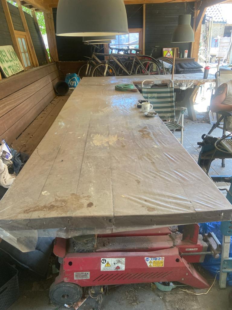 Grote hardhouten tafel 3.90x1.80m / 4.90x2.80m, 5cm dik, Tuin en Terras, Tuintafels, Ophalen of Verzenden, Gebruikt, Rechthoekig