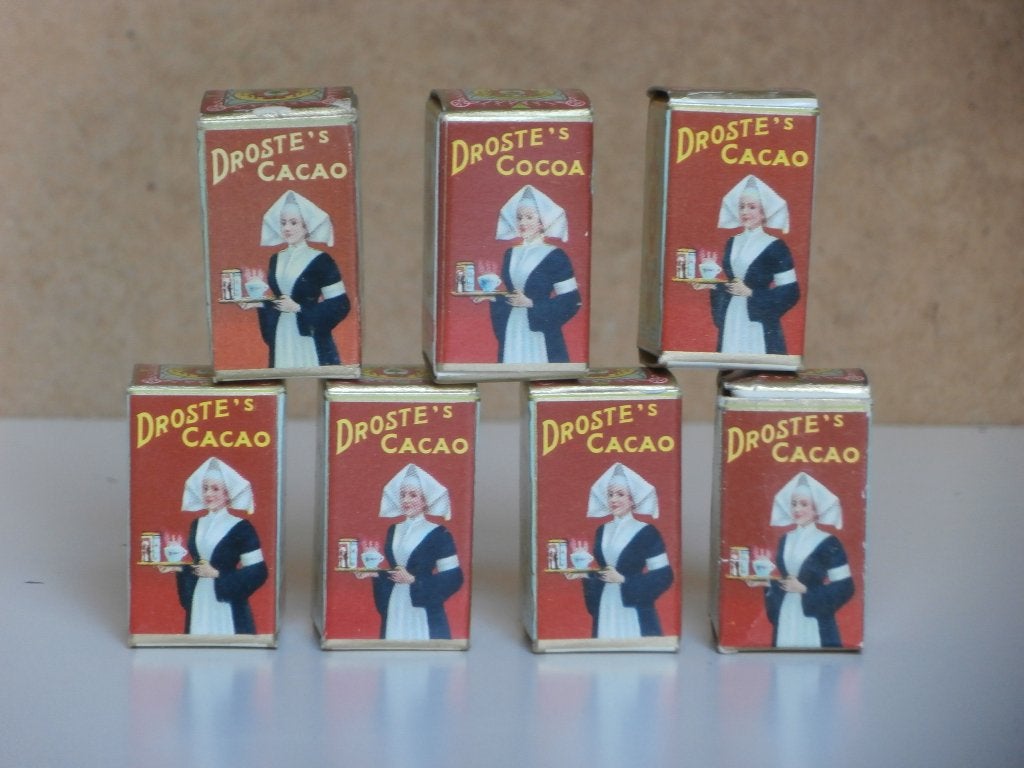 7 Miniatuur Droste Cacao minipakje doosjes mini pakje dozen, Ophalen, Zo goed als nieuw