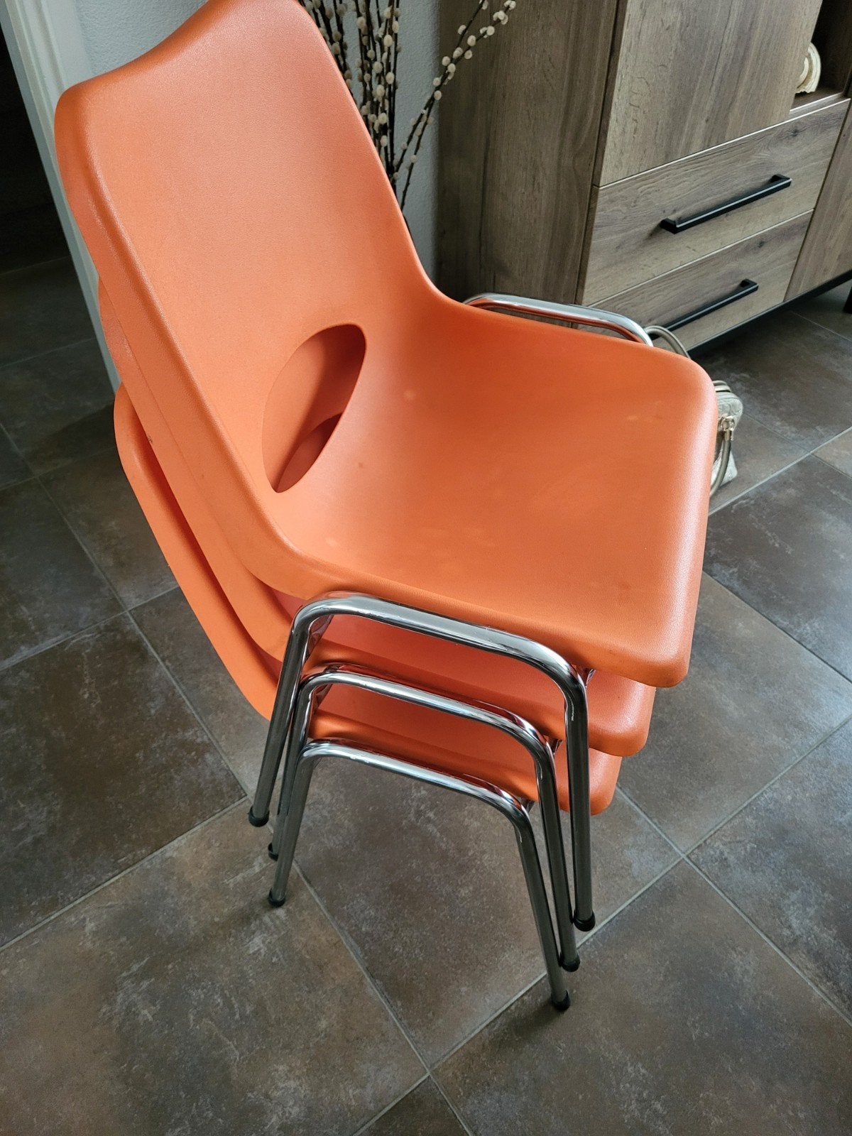 Set van 6 oranje stapelbare stoelen, Ophalen, Gebruikt, Modern, Speels, Overige kleuren